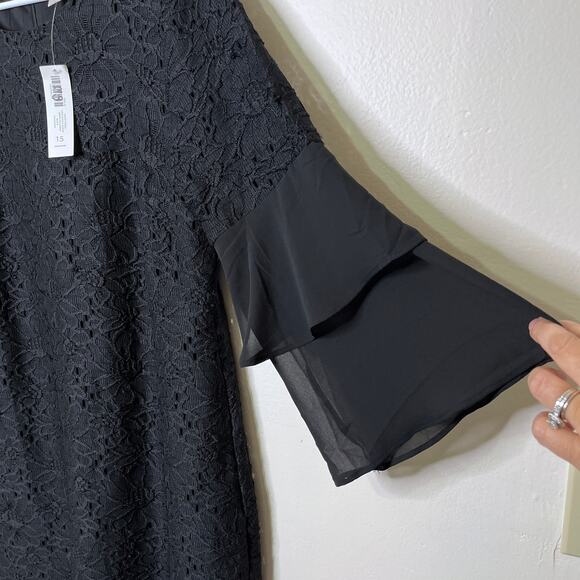 Chico's Lace Midi Dress 10 / 1.5 Black Embroidered Lace Tiered Bell Sleeve NWT - Picture 4 of 8